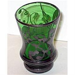 6 old vintage Green Glass Hand Painted glasses #1802203