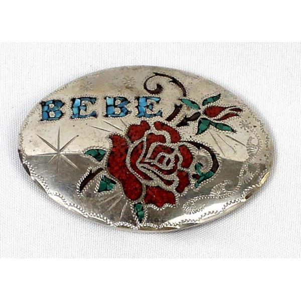 German Silver Coral & Turquoise Inlay Buckle