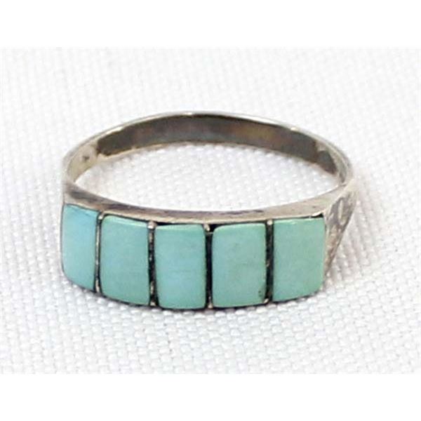 Zuni Sterling Turquoise Inlay Ring, Size 8