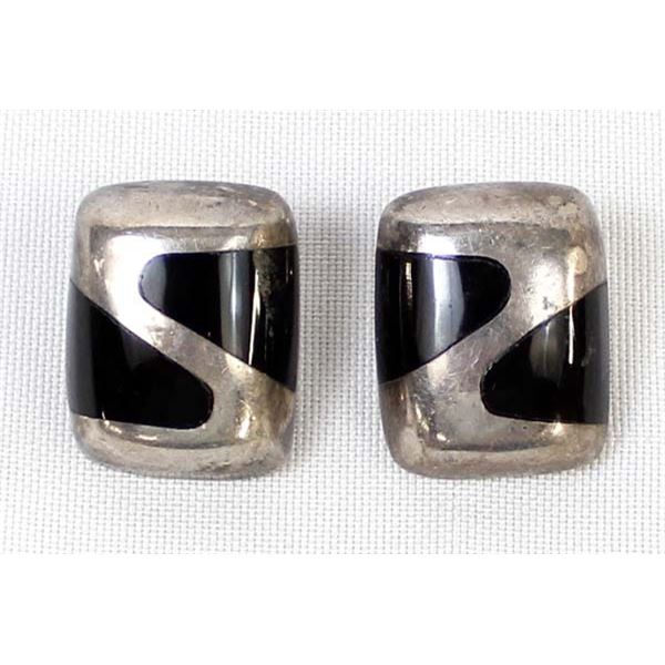 Mexican Sterling Onyx Clip-On Earrings