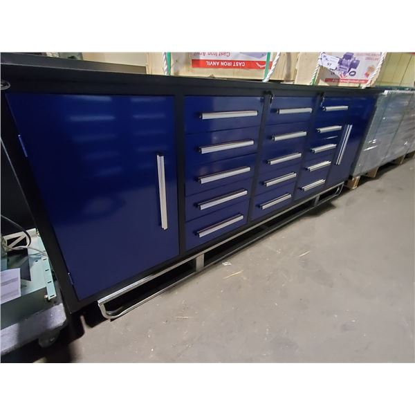 BLUE STEELMAN 15 DRAWER 2 DOOR WORK BENCH H36  X W113  X D29  WITH ANTI-SLIP LINING