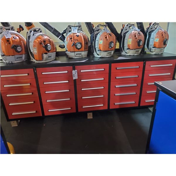 RED STEELMAN 25 DRAWER WORK BENCH H36" X W113" X D29" WITH ANTI-SLIP LINING