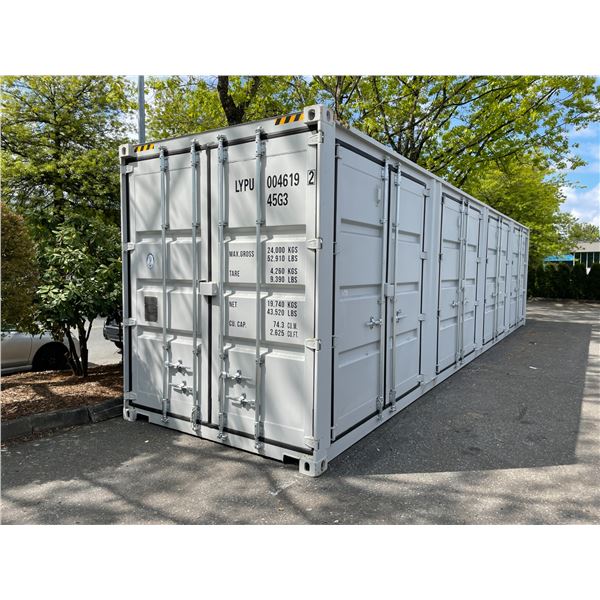 GREY 40' 52,910 MAX CAPACITY INDUSTRIAL TRANSPORT CONTAINER WITH 4 DUAL SWING SIDE DOORS, 1 REAR