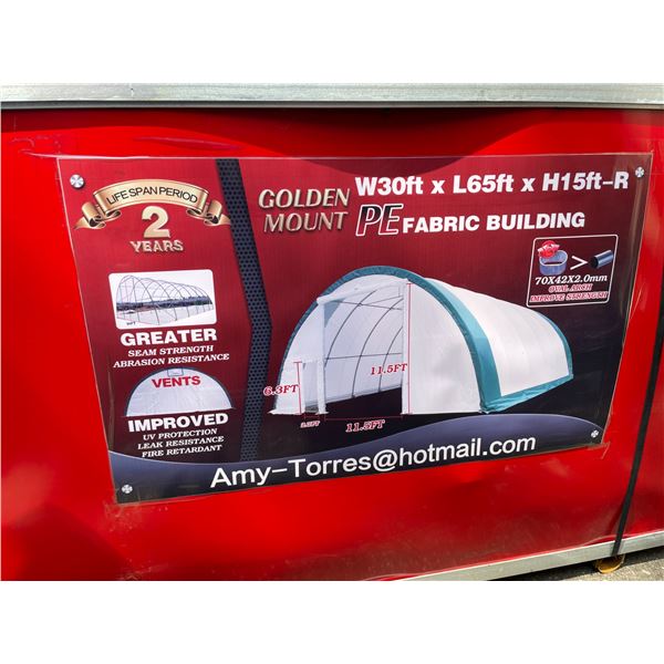 GOLDEN MOUNT PE FABRIC BUILDING H15' X L65' X W30' UV PROTECTION, LEAK RESISTANT, FIRE RETARDANT,