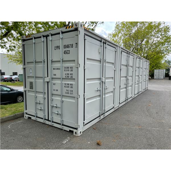 GREY 40' 52,910 MAX CAPACITY INDUSTRIAL TRANSPORT CONTAINER WITH 4 DUAL SWING SIDE DOORS, 1 REAR