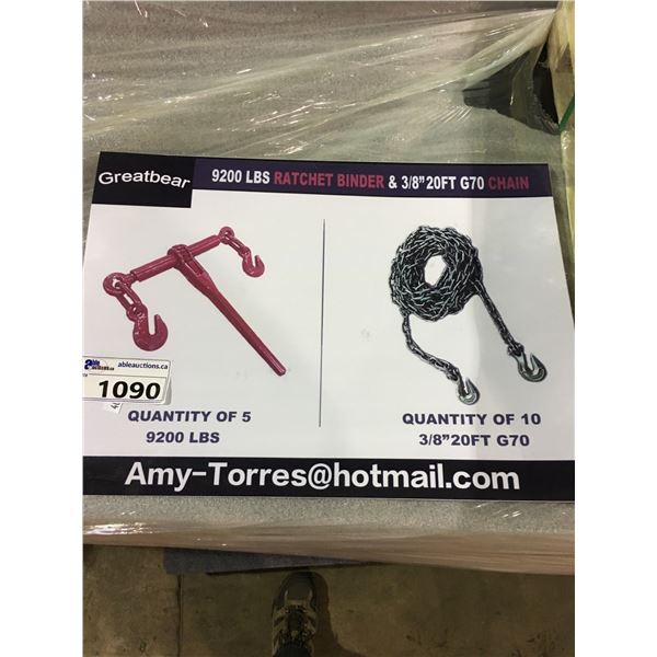 GREATBEAR 9200LBS RATCHET BINDER AND 3/8" X 20' G70 CHAIN SET WITH 5 RATCHETS AND 10 CHAINS