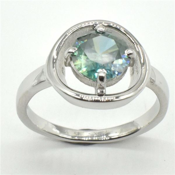 Silver Greenish Blue Moissanite (Round 7.5 Mm)(3.1ct) Rhodium Plated Test And Looks Better Than Diam