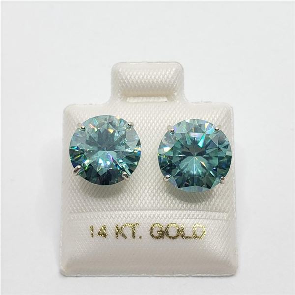 14K White Gold Moissanite Bluish Green(6.2ct) Earrings (~weight 1.95g), Made in Canada, Appraised Re