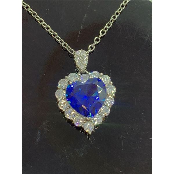 Blue Gemstone Heart Necklace with Multi Stone Boarder.