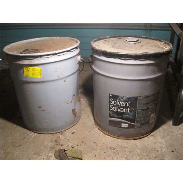 2 - 5 GALLON CANS OF SOLVENT, 1 HALF FULL