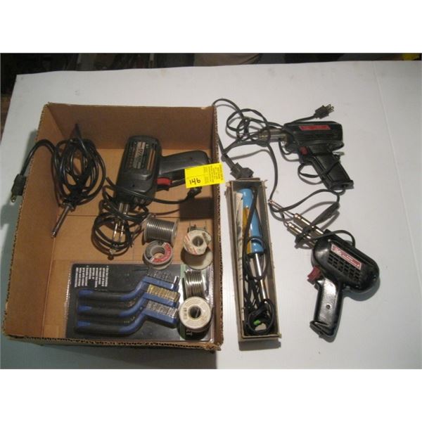 BOX OF MISC. SOLDERING IRONS & GUNS, SOLDER, ETC.