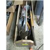 Image 1 : WOODEN TOTE WITH ASST. CONTENTS, GARDENING TOOLS, SQUARE, ETC.