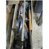 Image 2 : WOODEN TOTE WITH ASST. CONTENTS, GARDENING TOOLS, SQUARE, ETC.