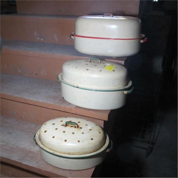 3 ENAMEL ROASTING POTS