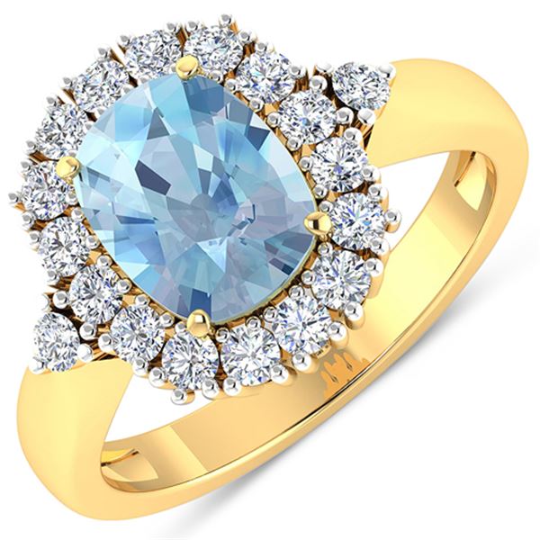 Natural 2.34 CTW Aquamarine & Diamond Ring 14K Yellow Gold - REF-82H3M