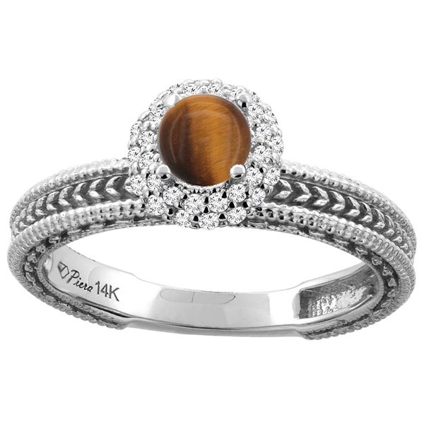 0.85 CTW Tiger Eye & Diamond Ring 14K White Gold - REF-53F5N