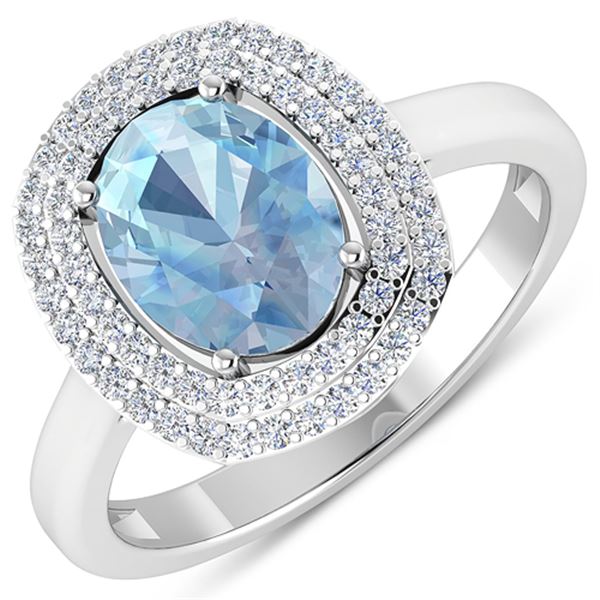 Natural 1.68 CTW Aquamarine & Diamond Ring 14K White Gold - REF-58K9W