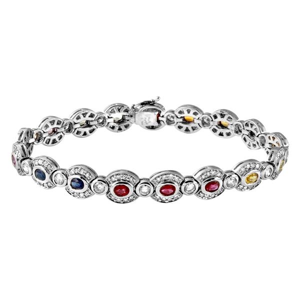 Natural 7.45 CTW Multi-Sapphire & Diamond Bracelet 14K White Gold - REF-419M4F