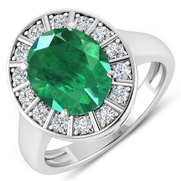 Natural 3.56 CTW Zambian Emerald & Diamond Ring 14K White Gold - REF-145F3N