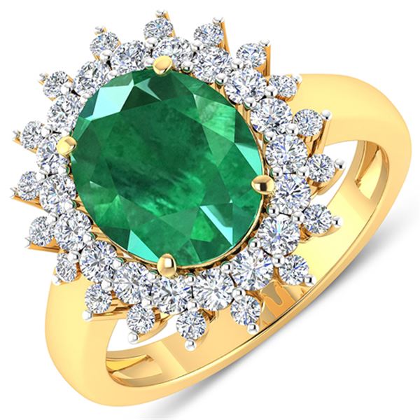 Natural 3.93 CTW Zambian Emerald & Diamond Ring 14K Yellow Gold - REF-169F5R