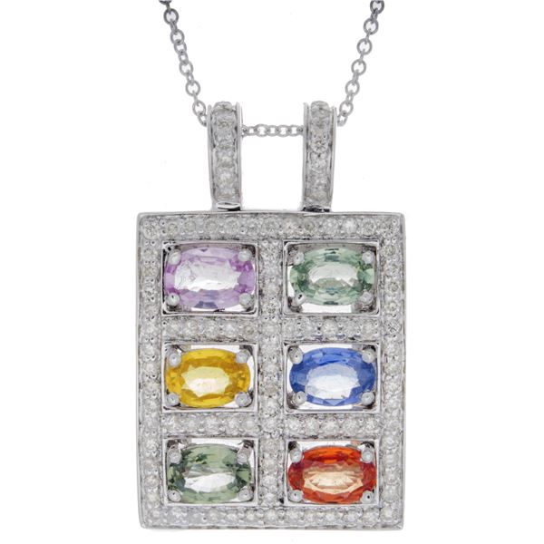 Natural 4.35 CTW Multi-Sapphire & Diamond Necklace 14K Gold - REF-113T4X