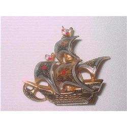 Spanish Damascene Galleon Brooch - Toledoware #1796866