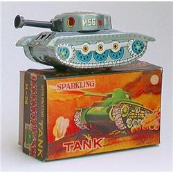 old Tin Friction Sparkling Toy Army  Tank  #1798235