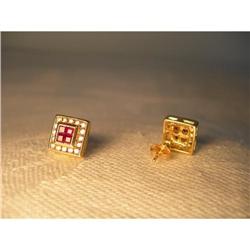 Estate 14K YG Princess Ruby Diamond Earrings #1799014