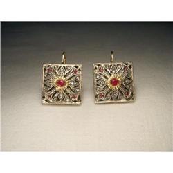 18K Pink Gold Rose Cut Diamond Ruby Earrings #1799034