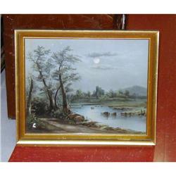 Moonlit Outdoor Castle Print with Trees Lake #1800014