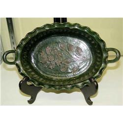 Redware Two Handled Bowl with Green Slip Glaze #1821892