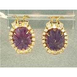 Vintage Carved Amethyst & Dia.18k Gold Earrings#1832165