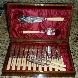 Ornately Engraved Silver 26 PC Fish Set, Wood #1832333