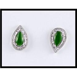 SUPERB 18K WHITE GOLD JADE AND DIAMOND EARRINGS#1844578