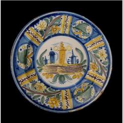 Round Blue Yellow Faience Wall Plate #1844633