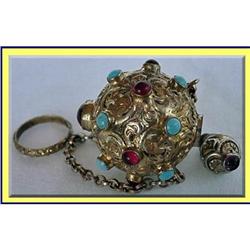 19C PERFUME BOTTLE GILT SILVER JEWEL CHATELAINE#1845028