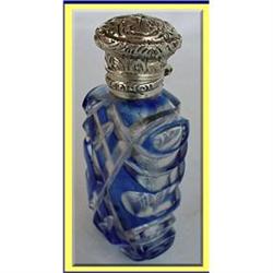PERFUME BOTTLE BLUE CASED GLASS SILVER TOP #1845029