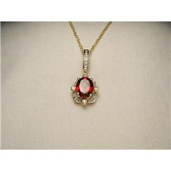 14K YG Garnet Diamond Filigree Pendant Necklace#1795381