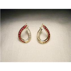 14K YG Gold Ruby Diamond Hoop Hoops Earrings #1795385