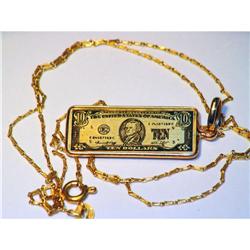 Estate 14K Gold $10 Dollar Bill Charm Pendant #1795399