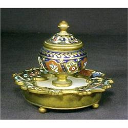 Antique Champleve Inkwell Enamel Brass Jade #1795473