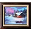 Image 1 : ORIG OIL PAINTING WINTER COTTAGE & EVERGREENS #1807558