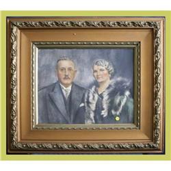 Antique Gilded Frame Wood Chalk Drawing Couple #1807734