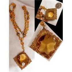 SIGNED Czech Golden topaz GLASS neckace #1820493