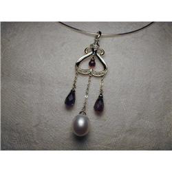 14K WG Cultured Pearl Garnet Diamond Pendant #1831575