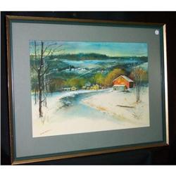 Watercolor "Red Barn in Winter" Painting Signed#1858926