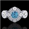 Image 2 : 1.51 ctw Intense Blue Diamond Art Deco 3 Stone Ring 18k White Gold - REF-218M2G