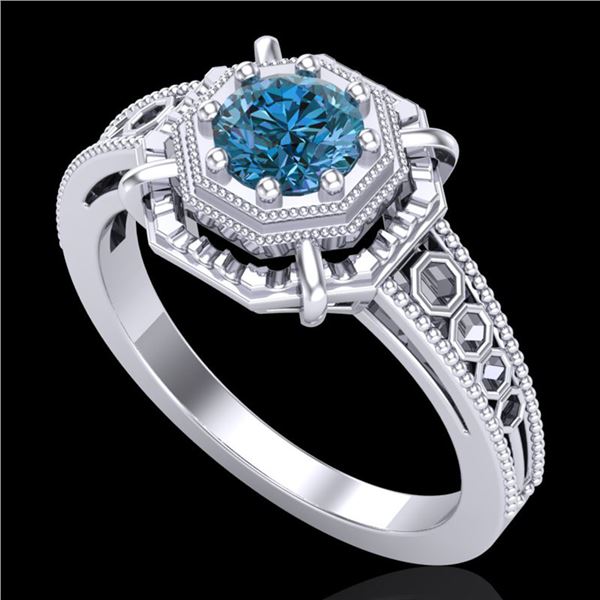 0.53 ctw Fancy Intense Blue Diamond Art Deco Ring 18k White Gold - REF-98F2M