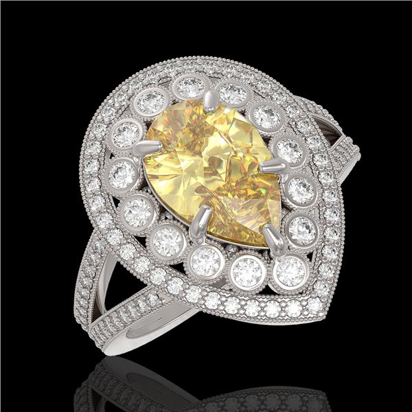 4.12 ctw Canary Citrine & Diamond Victorian Ring 14K White Gold - REF-125K5Y