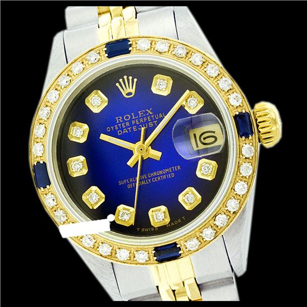 Rolex Ladies Two Tone 14K Gold/ss, Diam Dial & Diam/Sapphire Bezel, Sapphire Crystal